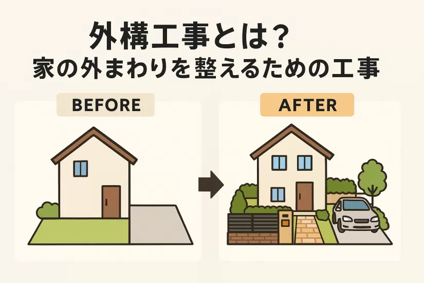 外構工事のビフォーアフターを比較したイラスト。シンプルな外観が整った庭や駐車場のある外構へと変化